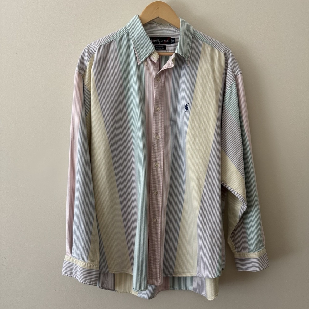 Vintage 90s Ralph Lauren Big Shirt Oxford Men's XL Striped Pastel Cotton Pony